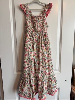 Mini Boden Cream Floral Sundress with Pink Lace Trim